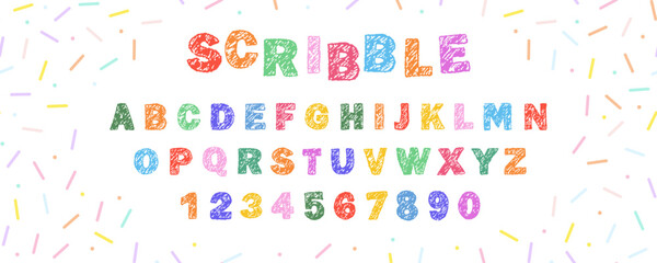 English alphabet crayon. Bold and funny kids font. Handwriting style letters and numbers. Grunge style. Vector illustration.