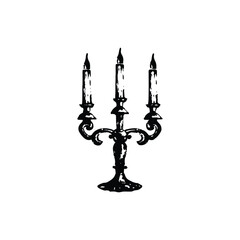 Black and white vintage candle holder illustration in hand drawn style, vintage retro line art vector