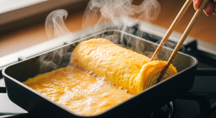 調理途中の熱々の卵焼き（だし巻き卵）の様子。長方形のフライパン上、箸で巻かれ、加熱されている。