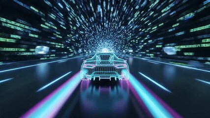 Neon futuristic car speeding through a glowing digital data tunnel. High-tech transport, internet network, and virtual reality concept. - Powered by Adobe