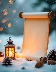 Magical Winter Scroll Scene with Lantern Light