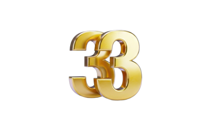 3D Golden 3D number 33 with metallic texture on transparent background