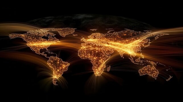 An abstract glowing visualization of global network connections spanning across the illuminated world map at night - Powered by Adobe