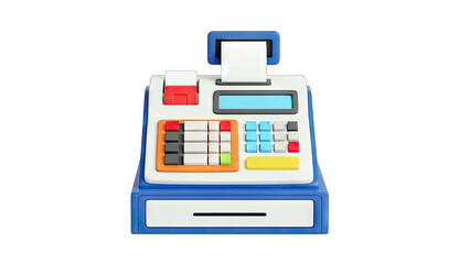 Fototapeta premium 3D Retro toy cash register with receipt and cash drawer on transparent background