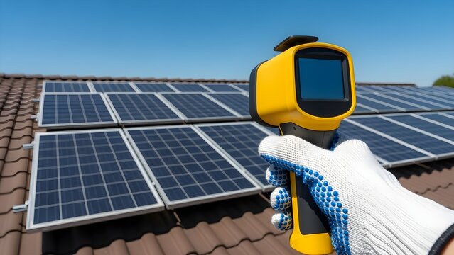 Technician Inspects Solar Panels with Thermal Camera on Rooftop.