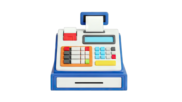 3D Retro toy cash register with receipt and cash drawer on transparent background - Powered by Adobe