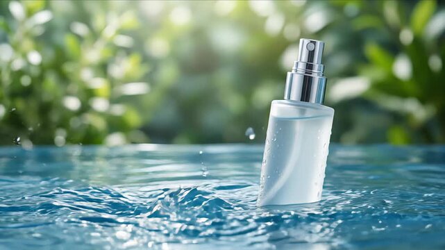 Water splashes around a clear spray bottle as it emerges from the surface, showcasing dynamic movement and vibrant reflections, capturing refreshing essence in nature