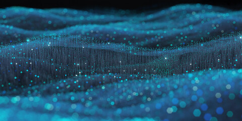 Deep blue digital wave of glowing particles and light threads in dark space abstract
