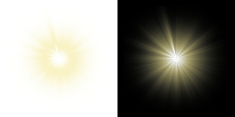 Glowing Sunburst Light Flare, sunlight,sunlight glare, Yellow sparkle, len flare, light effect,Gold star. Realistic Star Effect for Overlay on Transparent Background