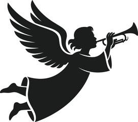 Black silhouette of an angel blowing a trumpet with wings and flowing robe vector © MdImran