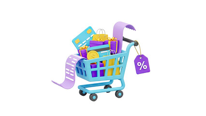 3D Shopping cart full of gifts, credit cards and receipt with discount tag on transparent background
