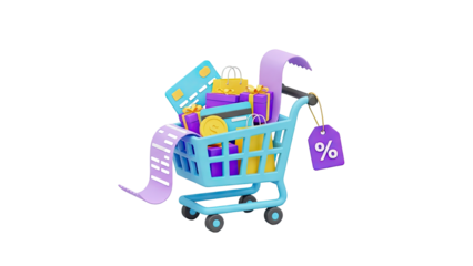 3D Shopping cart full of gifts, credit cards and receipt with discount tag on transparent background