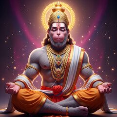 Obraz premium Divine depiction of Lord Hanuman meditating in a serene, spiritual setting with a glowing halo and sparkling background.