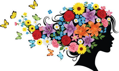Floral woman head silhouette illustration, colorful flowers and butterflies, creative nature concept art, beauty wellness design isolated white background vector © Shahariar's World