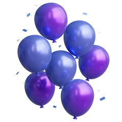 3d render Celebration banner Metallic Purple with balloons floating and confetti