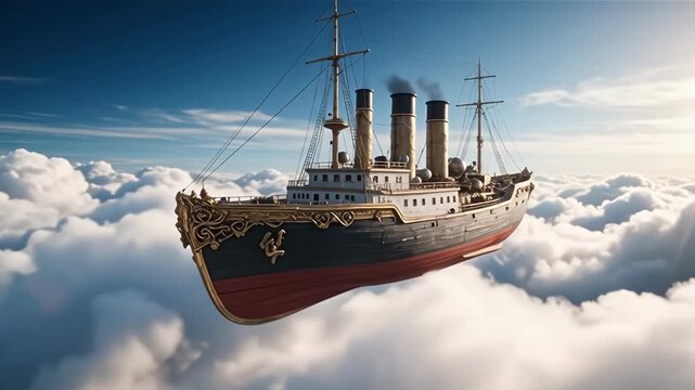 Fantasy Steam Ship Sailing Above the Clouds. Dreamlike travel.