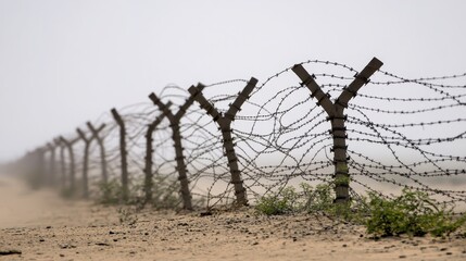 Barbed wire fence stretched across a dusty desolate plain