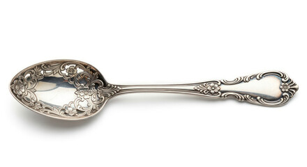 Close-up of an ornate silver spoon with a heart-shaped handle on a white background.