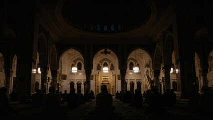 Fototapeta premium Muslim congregation praying together inside a mosque hall during Ramadan. 