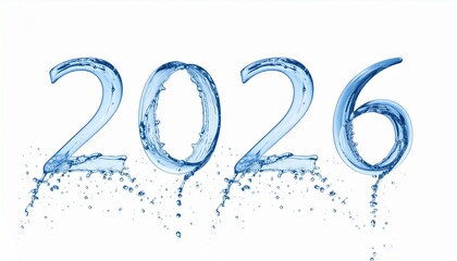 A dynamic, high-speed studio shot captures the year 2026 formed by splashing water, creating stylized blue numbers against a pure white background, emphasizing a fresh, cool aesthetic.
