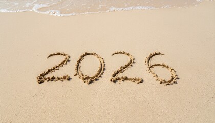 A gentle ocean wave washes over the hopeful year 2026, clearly written in the warm beige sand in this close-up shot.