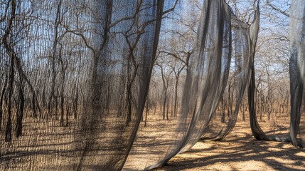 Camouflaged netting draped to obscure forest scene