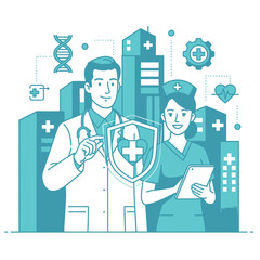 Advanced healthcare solutions concept with doctor and nurse holding medical shield icon, futuristic digital health technology, telemedicine and clinical patient protection flat vector illustration