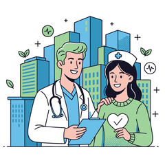 Your Health Is Our Top Priority Illustration with Male Doctor and Female Patient in Green Sweater Holding Heart Icon in Front of Blue Medical Clinic City Buildings