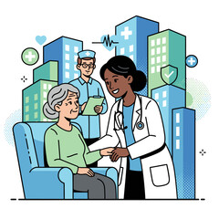 Compassionate Care for Every Patient Illustration Featuring a Female Doctor Supporting an Elderly Woman in a Chair with a Male Nurse and City Hospital Buildings Background