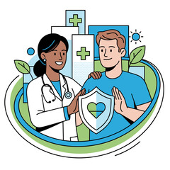 Trusted Healthcare Services for a Healthier Life Concept with Female Doctor and Male Patient Holding Heart Shield Icon for Medical Care and Wellness