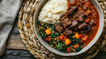 An Ethiopian Injera Meal in a Bowl with Beef Stew