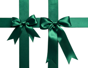 Elegant dark green satin ribbons tied into bows on black