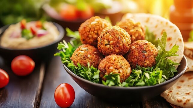 Close up shot of falafel dish with hummus and pita bread