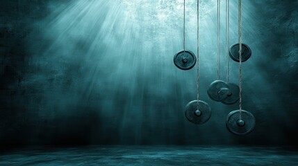 Cast Iron Weights Suspended in Blue Underwater Environment