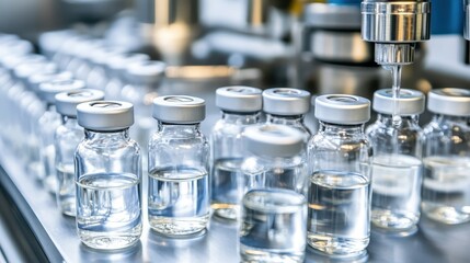 Clear glass vials containing clear liquid sit on a laboratory surface with a blurred scientific background