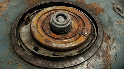 Close up of a rusty generator fuel cap slightly ajar showing its aged metal components and intricate details