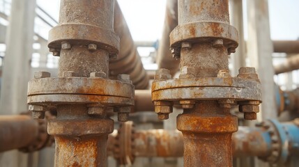 Close up of a rusty corroded industrial water pipe with a severed and exposed leaking section