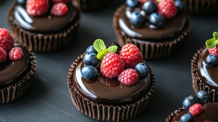 Delicious chocolate pastries with fresh fruit decorations