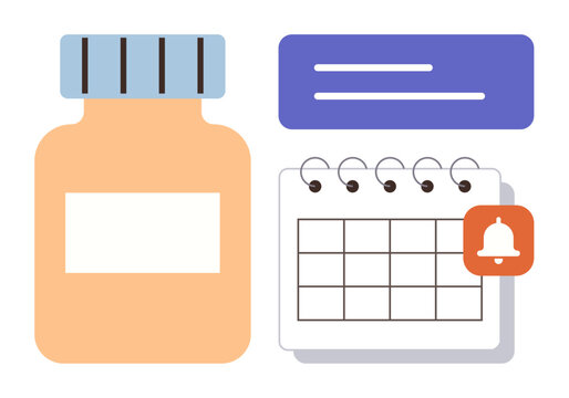 Prescription bottle next to a spiral calendar with a notification bell symbol. Ideal for scheduling, healthcare, medication tracking, time management, reminders, pharmacy use, simple flat metaphor - Powered by Adobe