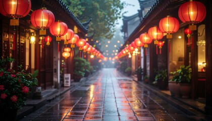 Chinese Street with Red Lanterns at Night Lunar New Year Festival