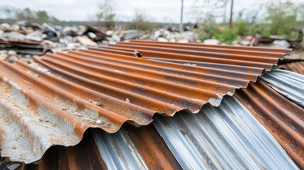 Discarded corrugated metal sheets showing rust and decay in an outdoor environment