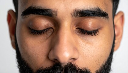 Close-up of a person's face, focusing on closed eyes, lush eyelashes, and dark eyebrows, skin detail prominent