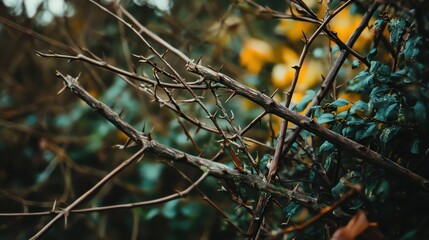 Close up of densely tangled thorny branches with a natural outdoor background and visible texture