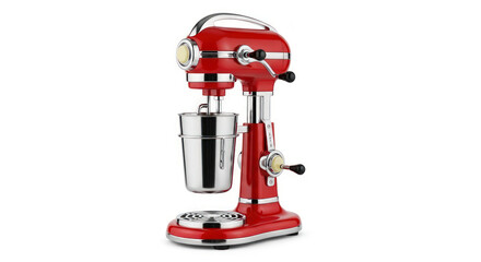 Red stand mixer with stainless steel bowl on a white background