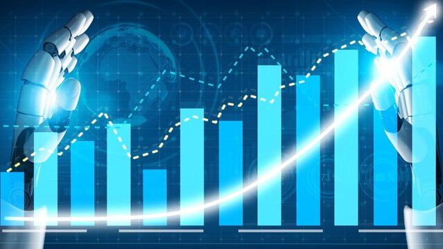 A striking image depicting robotic hands showcasing a financial growth chart, emphasizing data analytics and technological advancement in business environments. Copula - Powered by Adobe