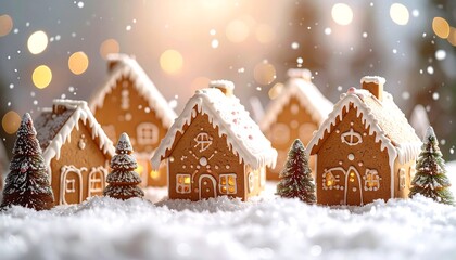 Several gingerbread houses nestled in a snowy landscape, decorated with icing and festive lights, with soft focus bokeh in the background
