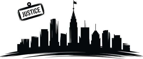 Obraz premium City skyline with justice stamp design, grunge brush silhouette urban illustration
