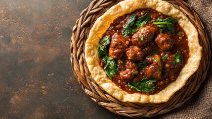 Close up view of Ethiopian Injera with stew and greens