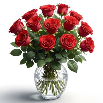 A bouquet of fresh red roses in a clear glass vase on white background