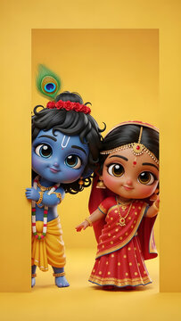 Cute animated chibi Lord Krishna and Radha peeking from behind a yellow frame, adorned in traditional Indian attire and jewelry, with a peacock feather.